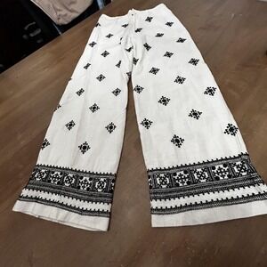 Elie Tahari Pants Womens 2 White Black Embroidered Wide Leg Linen Blend Boho
